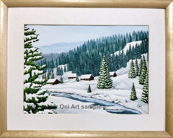 「雪景色」透明水彩画　原画　風景画　額縁付　F4サイズ 1枚目の画像