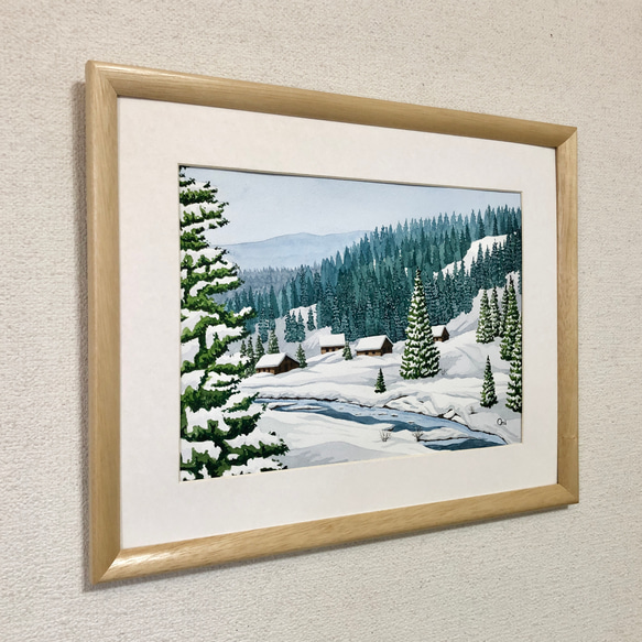 「雪景色」透明水彩画　原画　風景画　額縁付　F4サイズ 3枚目の画像