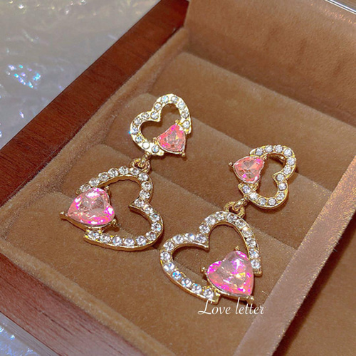 キラキラビジューイヤリング♡ピンクシェイプハート(訳あり品) キラキラハートビジュー2連ミニピアス イヤリング変更可 韓国 地雷