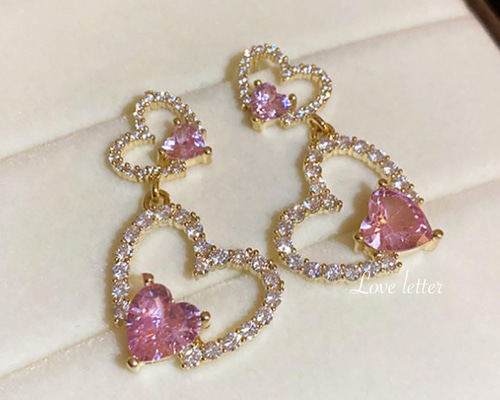キラキラビジューイヤリング♡ピンクシェイプハート(訳あり品) 756a9319c4b2173eebd9850bcb319d