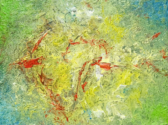原画 油絵 シトラスの戯れ 柑橘のアート 抽象画  75×100mm イエロー×グリーン×ブルー モダンアート 4枚目の画像