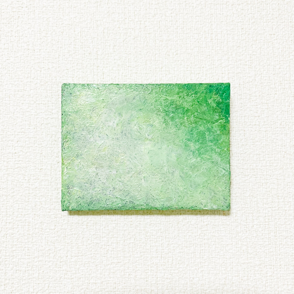 原画 油絵 ヒーリンググリーン 森林のアート 抽象画  75×100mm グリーン×イエローグリーン モダンアート 1枚目の画像