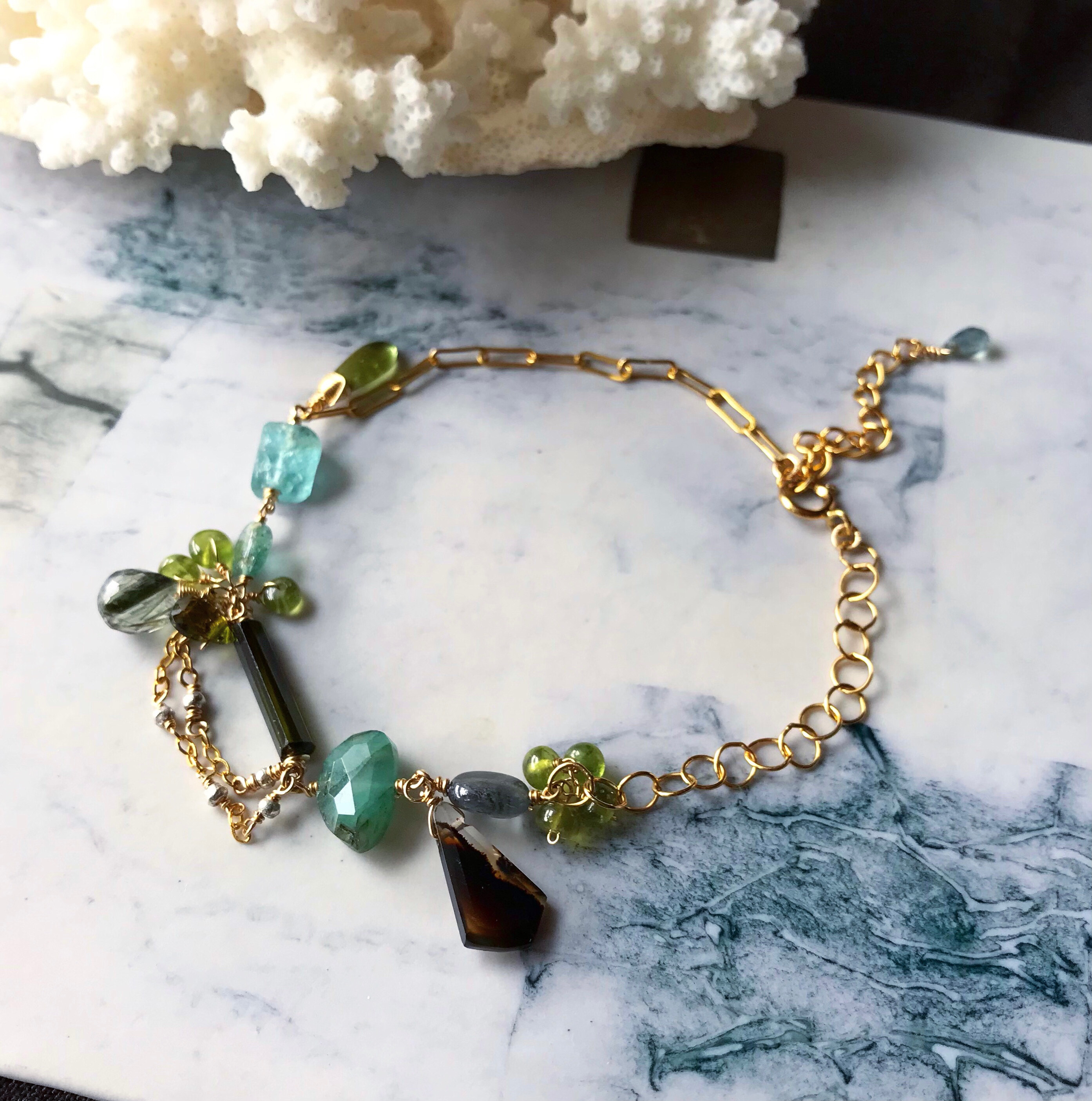 【K14gfとカレンシルバー】グリーントルマリンとグリーンルチルクォーツのブレスレット
