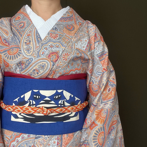ペイズリー柄木綿着物オレンジ×グレー 着物 花鹿 kajika 通販