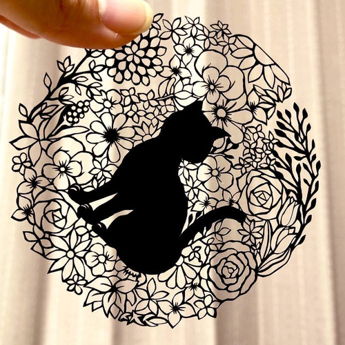 切り絵】花猫(はなねこ)シルエット黒ミニ 切り絵 ふわコロ《紗紀