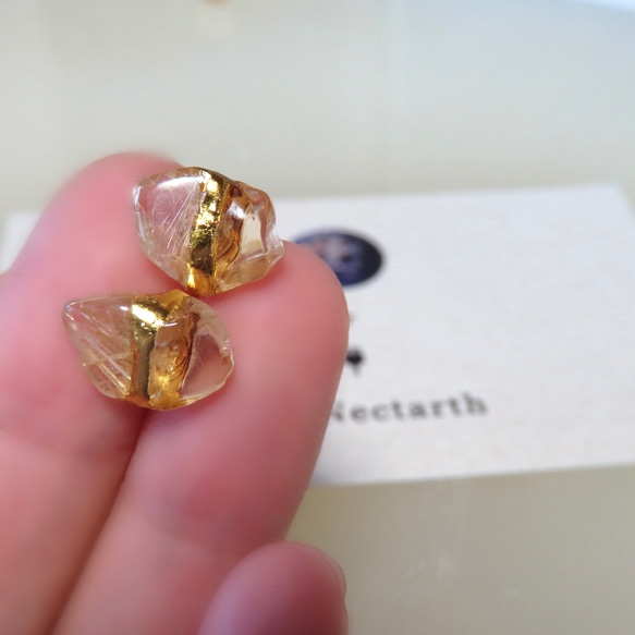 星の瞬き＊Rutile quartz × Citrine＊金継ぎピアス／SS size 9枚目の画像