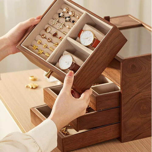 中が見える大容量アクセサリー収納 木製四段引き出し 多目的仕切り