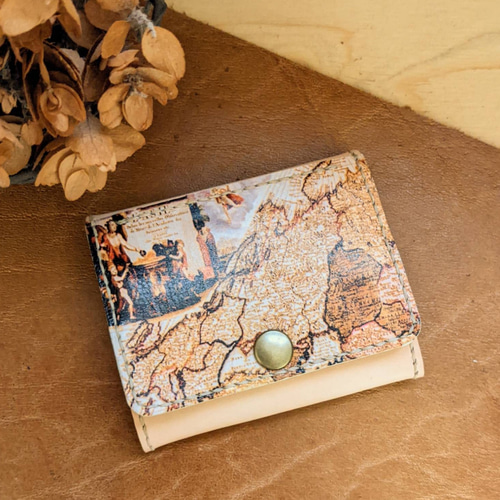 ぐしぐし手縫い＊アンティークな地図柄とヌメ革の母子手帳ケース＊お薬