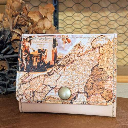 ぐしぐし手縫い＊アンティークな地図柄とヌメ革の母子手帳ケース＊お薬
