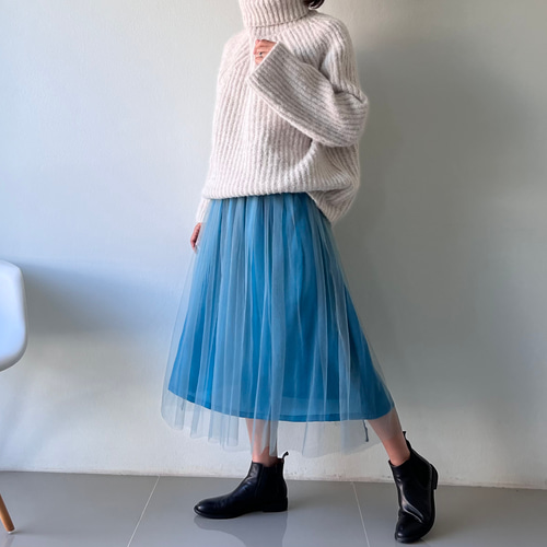 フォギー柔らかなブルーギャザーチュールスカート フレアスカート