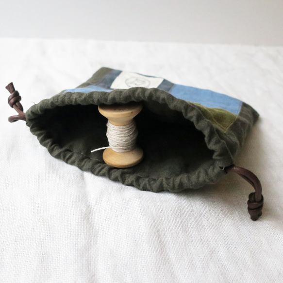 【sale】フレンチリネンの巾着袋（ブルーフォレスト） 3枚目の画像