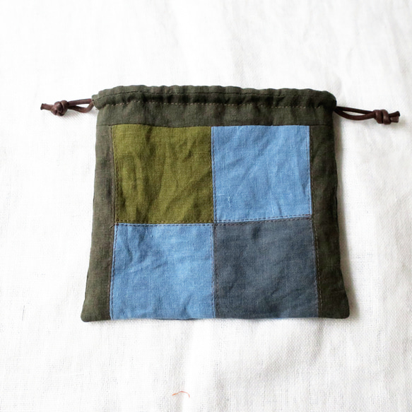 【sale】フレンチリネンの巾着袋（ブルーフォレスト） 5枚目の画像