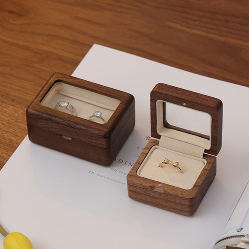 彫刻名入れ無料』チェリー＆ウオルナットウッド グラス付きの木製指輪