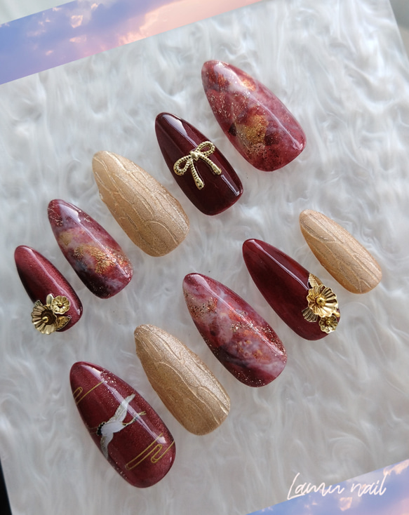 現品】和風ネイルチップ 和柄ネイルチップ 鶴 鶴ネイルチップ 前撮り