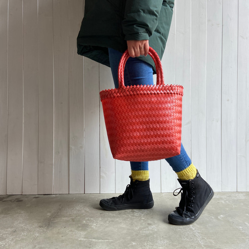 赤かごバッグ レザー ハンドル 洗えるカゴバッグ パサールバッグ（ハード）／S／レッド／PASAR BAG