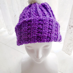 ニット帽 ポンポン 紫 パープル 編み 手編み 編み物 大人用 ニット帽