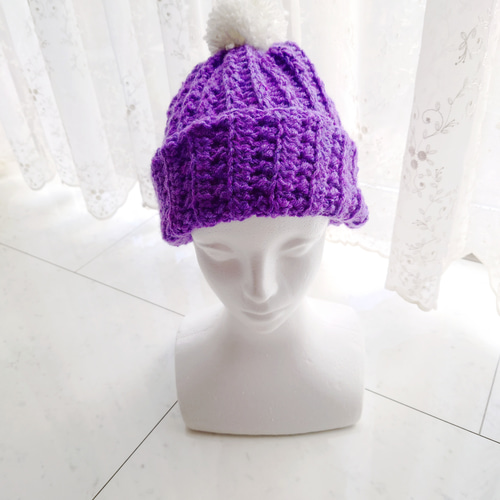 ニット帽 ポンポン 紫 パープル 編み 手編み 編み物 大人用 ニット帽