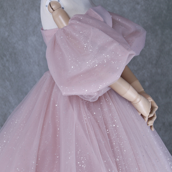 豪華！  ウェディングドレス  ピンク  キラキラグリッターチュール  パフスリーブ   結婚式 9枚目の画像