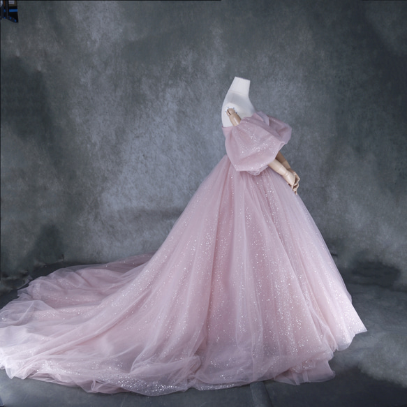 豪華！  ウェディングドレス  ピンク  キラキラグリッターチュール  パフスリーブ   結婚式 4枚目の画像