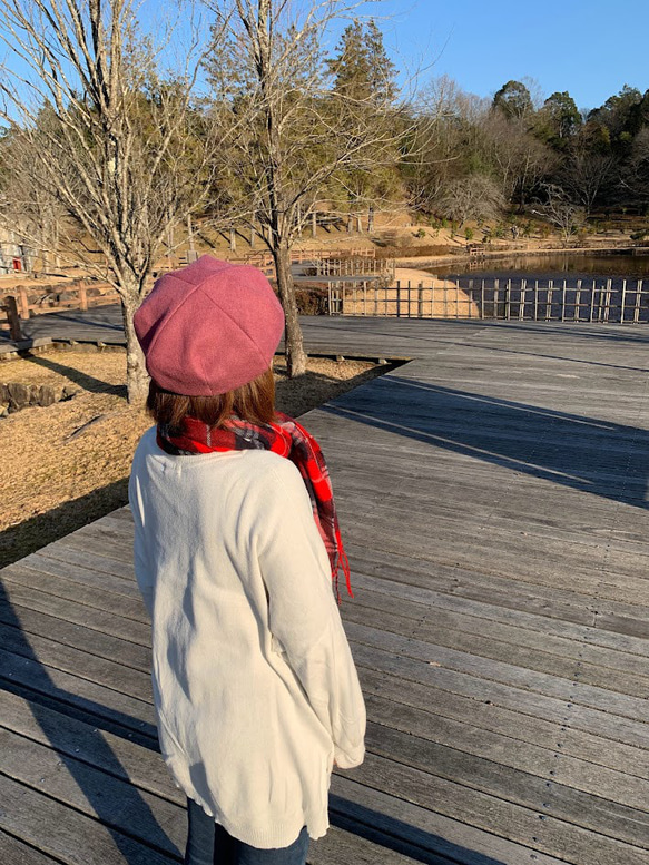 秋冬向け ベレー帽（ピンク） リネンウール 3枚目の画像