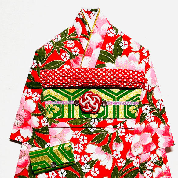 着物のポチ袋650 QUOカードサイズ　赤地　桜 2枚目の画像
