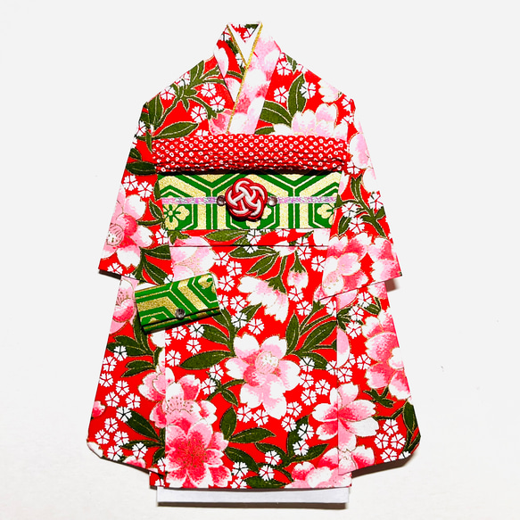着物のポチ袋650 QUOカードサイズ　赤地　桜 1枚目の画像
