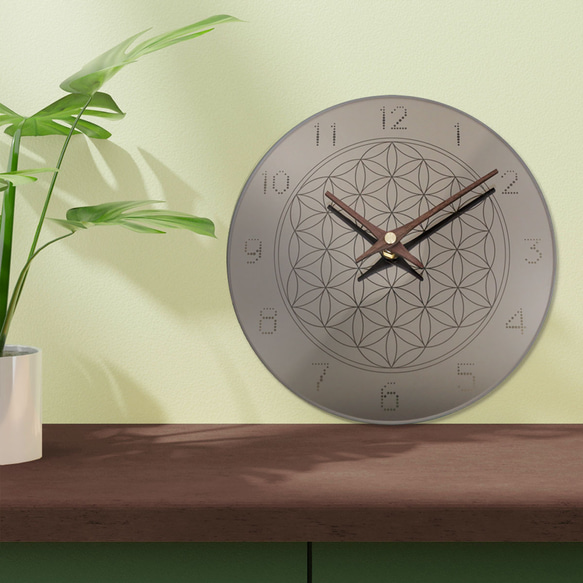 ミラークロック - フラワーオブライフ - 】絵柄・文字が透ける鏡の時計