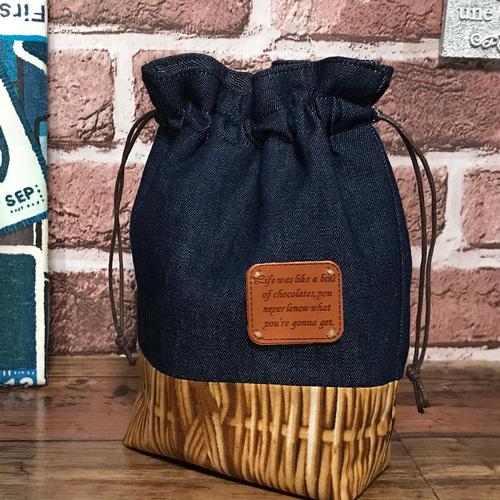 籠柄×デニム生地の巾着袋 ポシェット ♪Hand-Made-Cafe♪ 通販｜Creema 