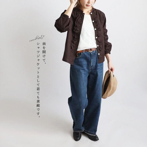 春SALE 上質ギマ擬麻コットン 花びらフリル シャツ ブラウス 