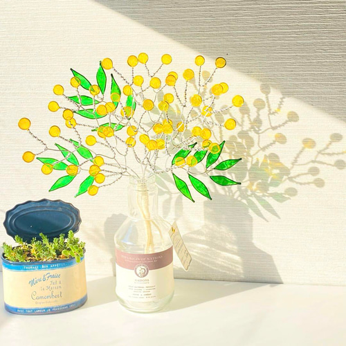 ワイヤークラフト ミモザ ワイヤーアート ガラスペイント 一輪挿し