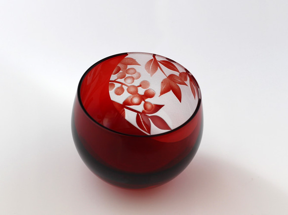 [江戶玻璃]木盒/~南天~紅色 圓窗 圓杯 紅色 第3張的照片