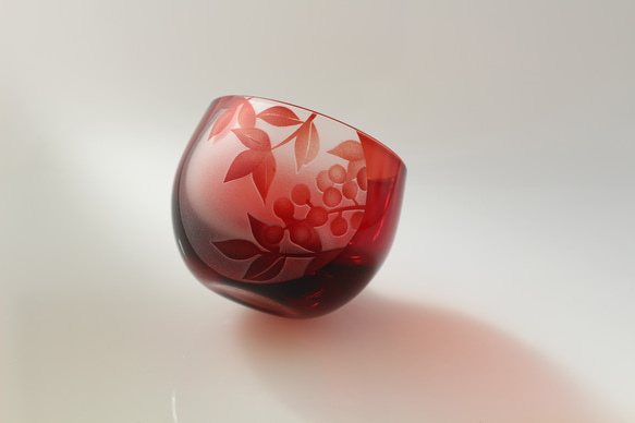 [江戶玻璃]木盒/~南天~紅色 圓窗 圓杯 紅色 第2張的照片
