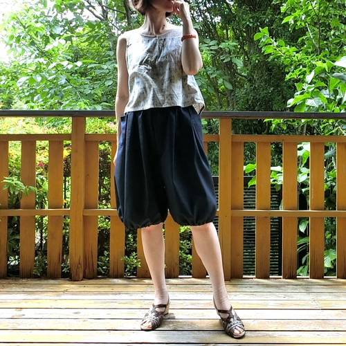 受注【ﾎﾟﾘ混デニム（薄手）】ミディ バルーンパンツ ハーフパンツ L-60