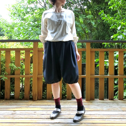 リメイクデニム　バルーンハーフパンツ 受注【ﾎﾟﾘ混デニム（薄手）】ミディ バルーンパンツ ハーフパンツ L-60