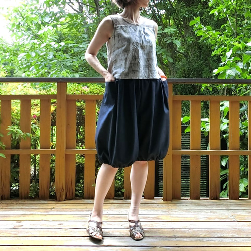 受注【ﾎﾟﾘ混デニム（薄手）】ミディ バルーンパンツ ハーフパンツ L-60