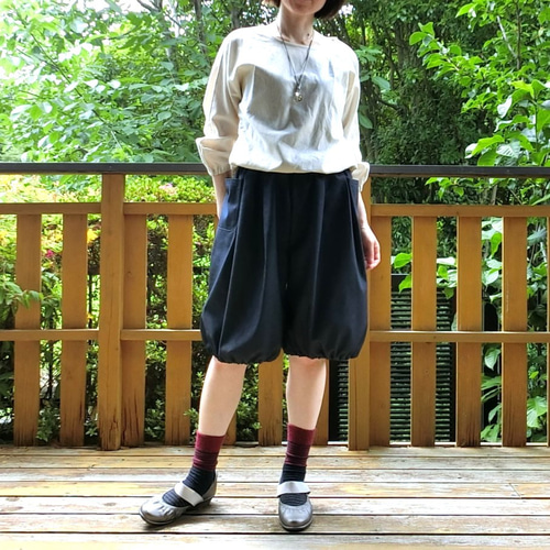 受注【ﾎﾟﾘ混デニム（薄手）】ミディ バルーンパンツ ハーフ
