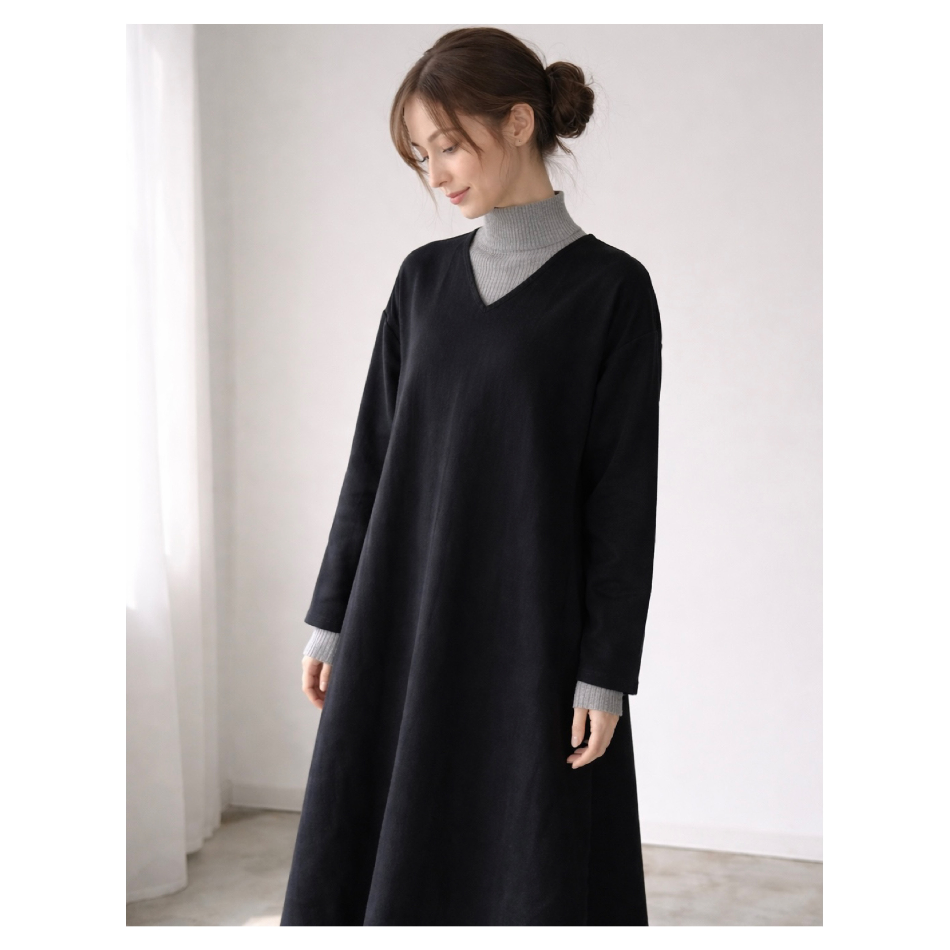 ふわふわ厚みが2倍／ゆったりリラックスワンピース／厚手ダブルガーゼワンピース／オーバーサイズ／ルームウェア／ブラック