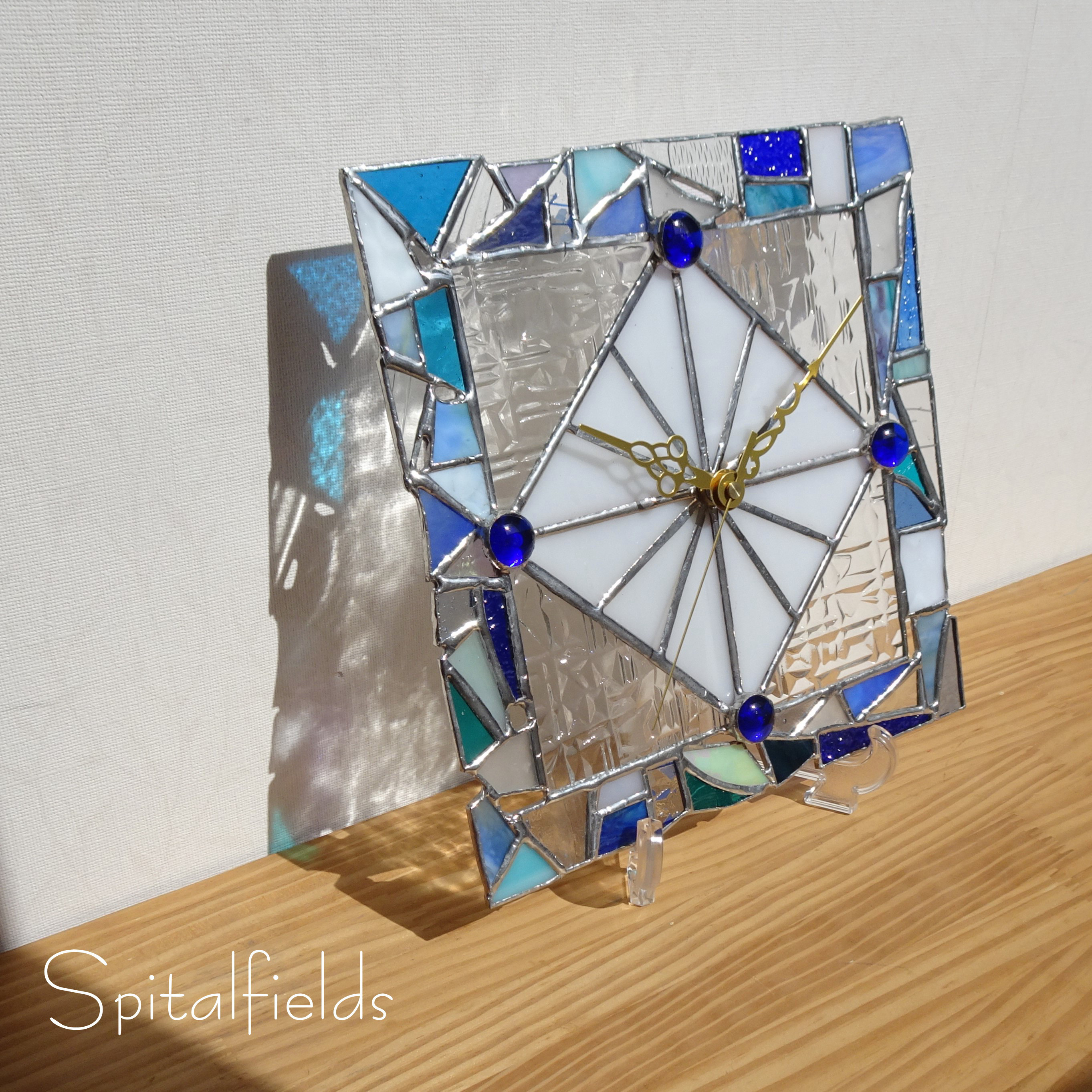 一点もの】壁掛け・置き型 ステンドグラスの時計 L（ブルー_45