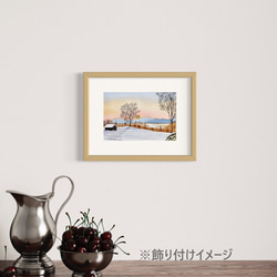 「雪景色・穏やかな朝」透明水彩画　原画　風景画　額縁付　SMサイズ 2枚目の画像