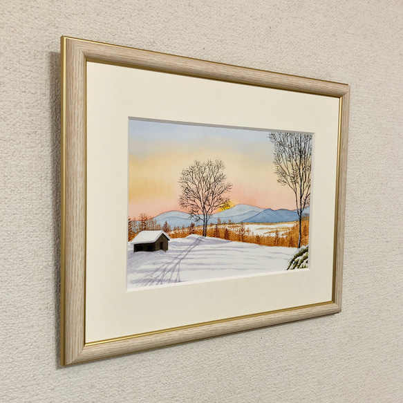 「雪景色・穏やかな朝」透明水彩画　原画　風景画　額縁付　SMサイズ 3枚目の画像