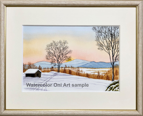 「雪景色・穏やかな朝」透明水彩画　原画　風景画　額縁付　SMサイズ 1枚目の画像