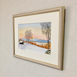 「雪景色・穏やかな朝」透明水彩画　原画　風景画　額縁付　SMサイズ 4枚目の画像