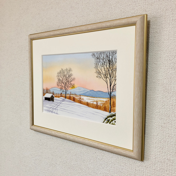 「雪景色・穏やかな朝」透明水彩画　原画　風景画　額縁付　SMサイズ 4枚目の画像