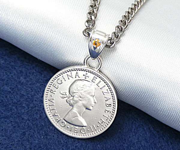 天然シトリン（１１月の誕生石）【6ペンスラッキーコインペンダント】＊あなたの誕生石もセットできます。