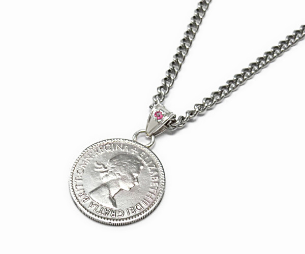 天然ピンクトルマリン（１０月の誕生石）・6ペンスラッキーコインペンダント＊あなたの誕生石もセットできます。