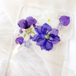 【全機種対応】ブルー×パープルの押し花スマホカバー 4枚目の画像