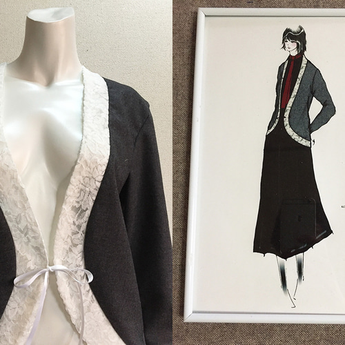 【1点もの・デザイン画付き】グレーウール＆レースカーディガン 1点もの・デザイン画付き】グレーウール＆レースカーディガン
