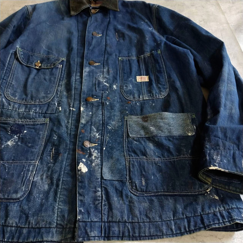 60'sフレンチビンテージカバーオール リペア ペンキ デニム ワークジャケット 60s Vintage French Royal Blue Repair Work Jacket – ataco