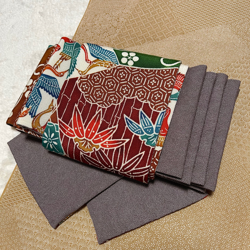 203号 半幅帯 正絹 リバーシブル 紅型 古典縁起物×鮫小紋 茶☆締め