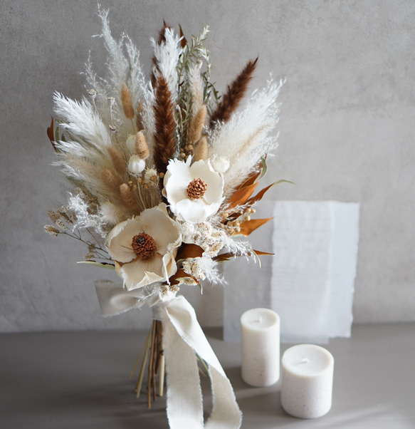 パームフラワーとラグラスのドライフラワーブーケ ウェディングブーケ